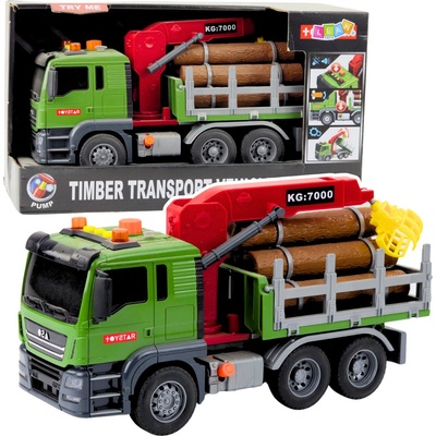 Lean Toys Nákladní Auto Přeprava Dřeva Jeřáb Klády Dřevo Světla Zvuky