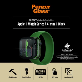 Panzer Стъклен протектор за часовник със силиконова рамка PanzerGlass за Apple watch Series 7, 41mm, AntiBacteria - Черна рамка