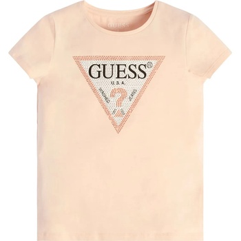 GUESS Тениска с къс ръкав в прасковен цявт за момиче с триъгълно лого Guess