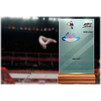 Skleněná trofej na dřevěném podstavci Gymnastika trampolína Výška: 17 cm