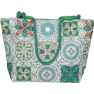 Плажна чанта в зелено и бяло с флорални мотиви