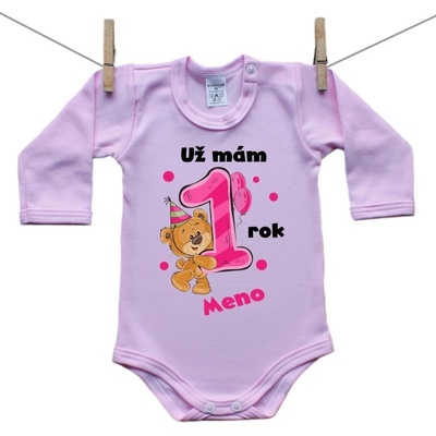 Boodyy Ružové Body s dlhým rukávom Už mám 1 rok s Medvedíkom a menom dieťatka Dievča