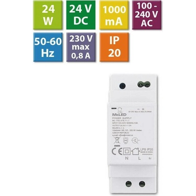 MCLED Napaječ LED 24VDC/1A pro LED pásky 24W, na DIN lištu, IP20 ML-732.078.11.1