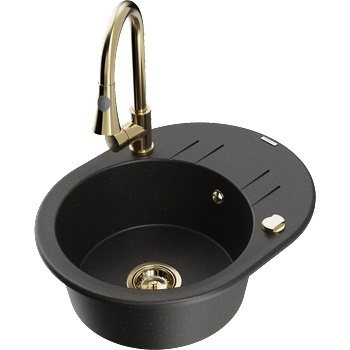 Mexen Kevin гранитна мивка с 1 отделение с отцедник и кухненски смесител Elia, черен/златист металик - 6517-75-670101-50 (6517-75-670101-50)