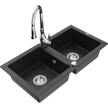 Mexen Mario гранитна мивка с 2 отделения с кухненски смесител Savita, черно/златист металик - 6504-75-672601-00 (6504-75-672601-00)