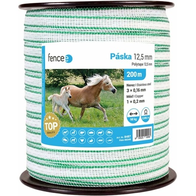 Páska pro elektrický ohradník 12,5 mm, bílo-zelená, 200 m, 0,5 Ω/m