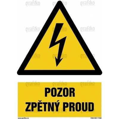 Grafiko | Pozor - elektrické zařízení - Text obrázku Pozor - zpětný proud, Materiál Hliník, Rozměr 297x210mm