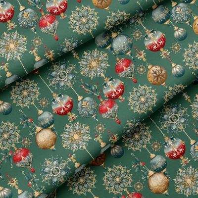 Vianočný vzor bavlnenej látky Vianočné Gule na Zelenom, metráž 160 cm