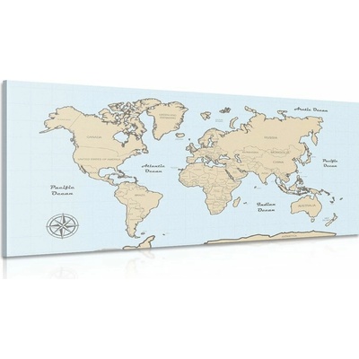 Obraz béžová mapa sveta na modrom pozadí