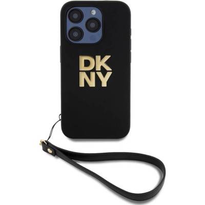 DKNY Stack Logo Wrist Strap Leather Hard Case - дизайнерски кожен кейс с връзка за носене за iPhone 15 Pro (черен)