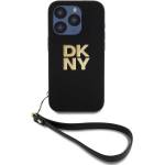 DKNY Stack Logo Wrist Strap Leather Hard Case - дизайнерски кожен кейс с връзка за носене за iPhone 15 Pro (черен)