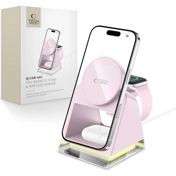 Tech-Protect Магнитна безжична докинг станция 3 в 1 - Tech-Protect QI15W-A43 - Baby Pink (5906302380190)