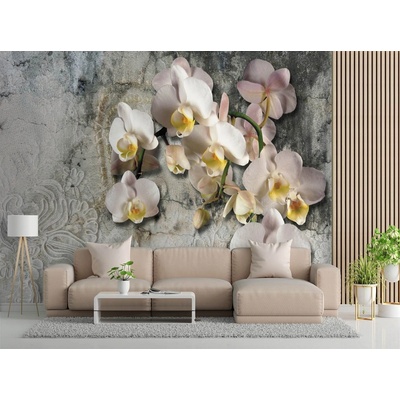 Gario Fototapeta Kvitnúce orchidey na pozadí starej steny Materiál: Vliesová, rozmery 200 x 140 cm