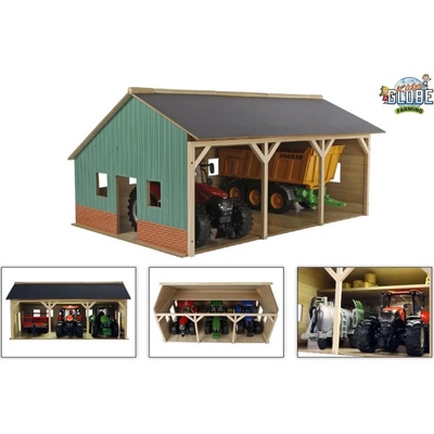 Kids Globe Drevená stodola pre 3 traktory 1:16