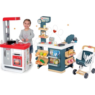 Smoby 310800-2 set kuchynka Bon Appétit so zvukmi a kávovarom a obchod Supermarket s pokladňou