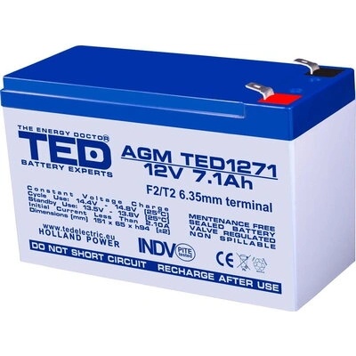 TED Electric Оловна батерия TED ELECTRIC, AGM, 12V, 7Ah, 151/ 65/ 94 mm, Терминал2 (TED-12V-7AH-AGM)