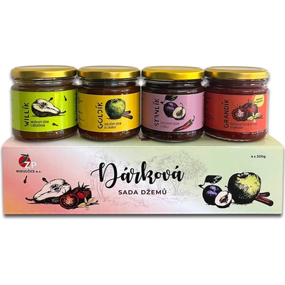 ZP Mikulčice dárková sada Hruškový džem s hřebíčkem 200 g + Jablečný džem se skořicí 200 g + Švestkový džem s chilli 200 g + Rajčatový džem s vanilkou 200 g