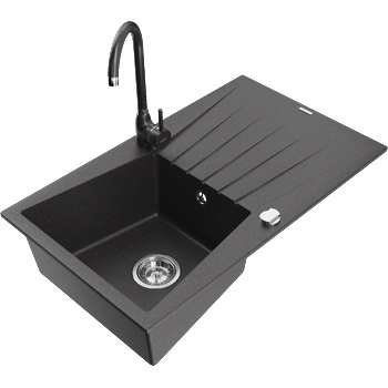 Mexen Cesar гранитна мивка с 1 отделение с отцедник и кухненски смесител Telma, черно на пръски - 6514-76-670200-76 (6514-76-670200-76)