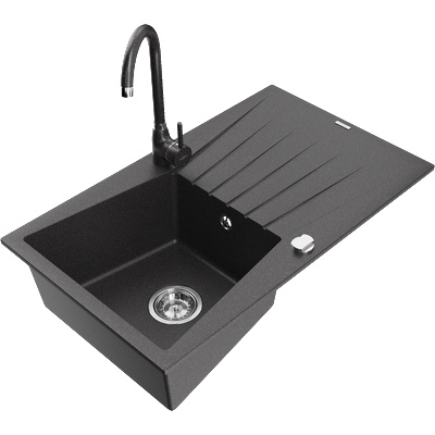 Mexen Cesar гранитна мивка с 1 отделение с отцедник и кухненски смесител Telma, черно на пръски - 6514-76-670200-76 (6514-76-670200-76)