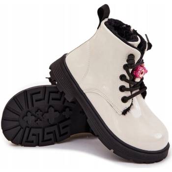 Kotníkové boty dětské zateplené pro dívky s přívěskem medvídka lakované bílé