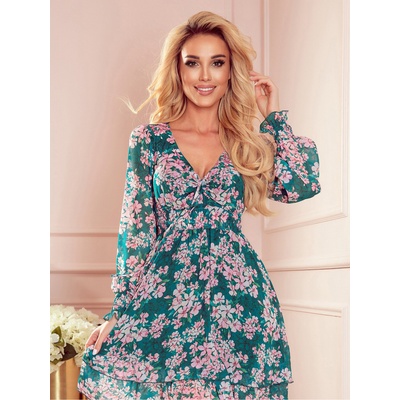 Numoco Шифонена рокля с вързано деколте - розови цветя на зелен фон Numoco MONICA numoco | Zelen | ЖЕНИ | S
