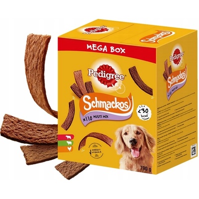 PEDIGREE Mega Box SchmackosTM doplňkové krmivo pro dospělé psy s příchutí hovězího jehněčího a drůbeže 790 g