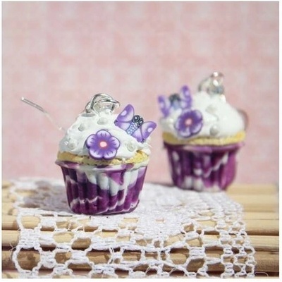 CircusMind sladké náušnice Fimo fialové cupcakes s motýlky S5320