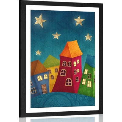 Plakát s paspartou měsíček nad městem - 40x60 white