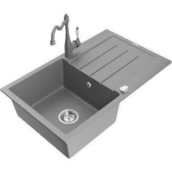 Mexen Bruno гранитна кухненска мивка с 1 камера с отцедник и кухненски смесител Carla, сив - 6513-71-670700-71 (6513-71-670700-71)