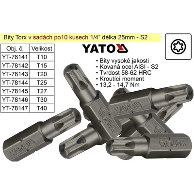 Bit Torx T15x25mm 1/4' sada 10 kusů YT-78142