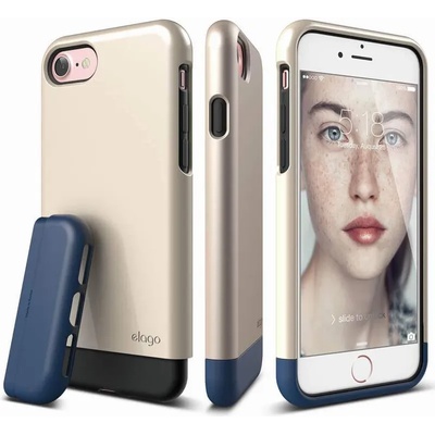 elago S7 Glide Case + HD Clear Film - поликарбонатов кейс и HD покритие за iPhone SE (2022), iPhone SE (2020), iPhone 8, iPhone 7 (златист-тъмносин)