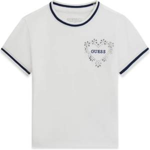 GUESS Бяла тениска с тъмно сини ивици, надпис Guess и кристали