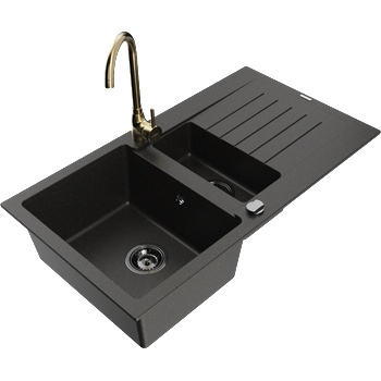 Mexen Matias гранитна мивка с 1, 5 камери с отцедник и кухненски смесител Telma, черна/златна - 6502-75-670200-50-B (6502-75-670200-50-B)