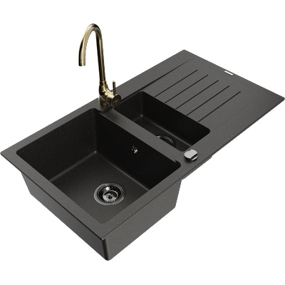 Mexen Matias гранитна мивка с 1, 5 камери с отцедник и кухненски смесител Telma, черна/златна - 6502-75-670200-50-B (6502-75-670200-50-B)