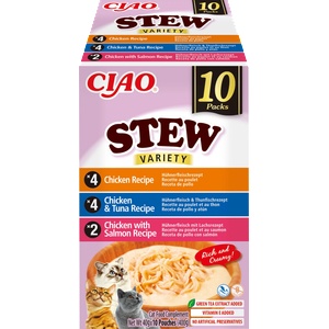 Inaba Foods Ciao Stew - допълваща храна за котки с вкус на пиле, пиле и риба тон, пиле и сьомга, 10 x 40 г