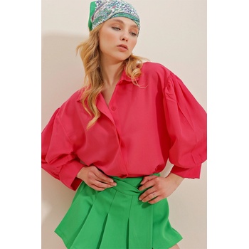 Trend Alaçatı Stili Women's Fuchsia Balloon Sleeve Concealed Poplin Basic Poplin Shirt červená