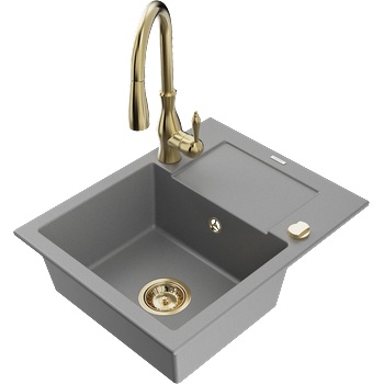 Mexen Enzo еднокамерен гранитен мивка с отцедник и кухненски смесител Savita, сив - 6506-71-672601-50 (6506-71-672601-50)