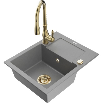 Mexen Enzo еднокамерен гранитен мивка с отцедник и кухненски смесител Savita, сив - 6506-71-672601-50 (6506-71-672601-50)