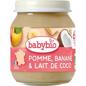 Babybio Био плодово пюре Babybio - Ябълка, банан и кокосово мляко, 130 g (3288130510973) - baby