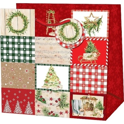Taška dárková čtvercová Vánoční patchwork červená/zelená 15 x 14,5 x 6 cm