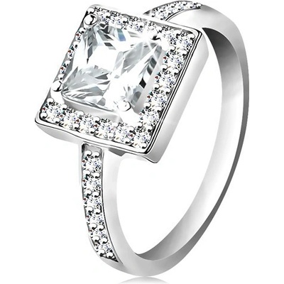 Šperky eshop prsten ze stříbra 925 čirý zirkonový čtverec blýskavá obruba zdobená ramena K01.03