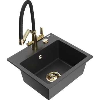 Mexen Milo гранитна кухненска мивка 1-камерна с кухненски смесител Duo, черен с пръски - 6505-76-671701-57-G (6505-76-671701-57-G)