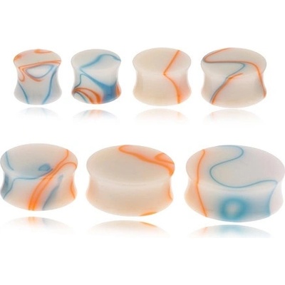 Šperky eshop akrylový plug do ucha béžová farba modro-oranžové línie U20.11 modro-oražová
