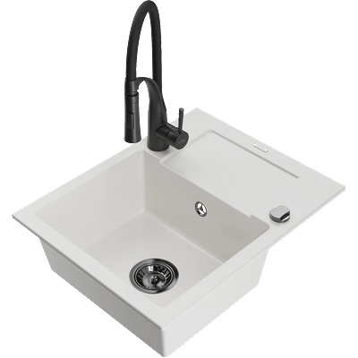 Mexen Enzo кухненска мивка от гранит с 1 отделение с дренаж и кухненска батерия Aster, бял - 6506-20-73450-70-B (6506-20-73450-70-B)