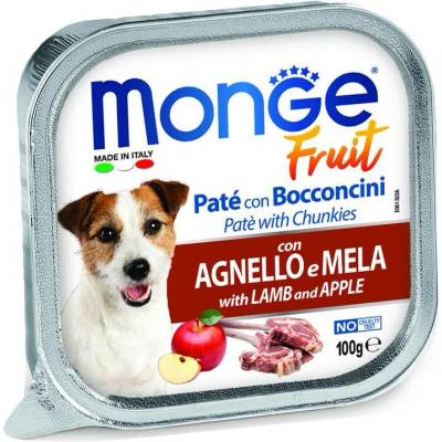 MONGE Fruit Paté and Chunkies 100g paštéta s jahňacími kúskami a jablkom pre dospelých psov