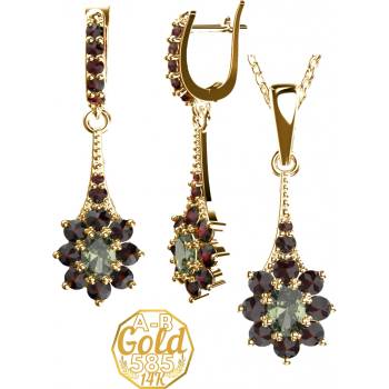 A-B Jewelry set Symphony with moldavite and garnets in yellow gold 200000110