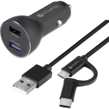4smarts Fast Car Charger Set with Fast Charge and Power Delivery - зарядно за кола с USB-C и MicroUSB кабел (черен)