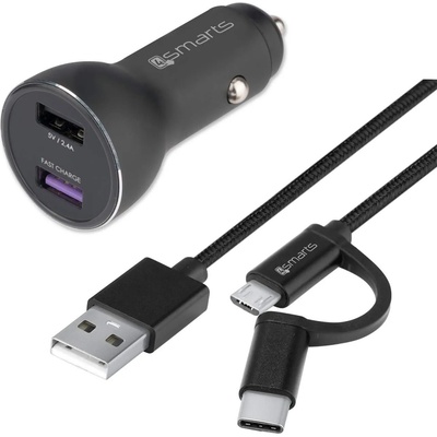 4smarts Fast Car Charger Set with Fast Charge and Power Delivery - зарядно за кола с USB-C и MicroUSB кабел (черен)