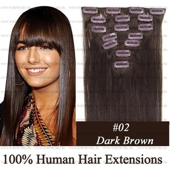 CLIP IN (klipy) pravé lidské vlasy remy 50cm odstín 02 tmavě hnědá 7 částí 70g