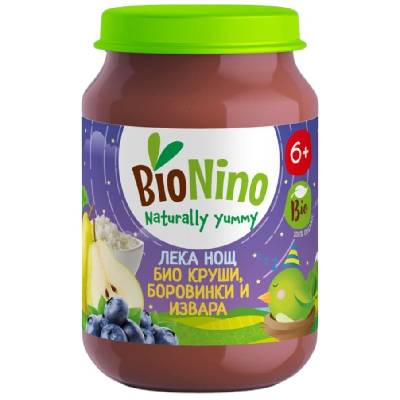 Био пюре BioNino Лека нощ - С круши, боровинки и извара, 6 м+, 190 g (BN2478)